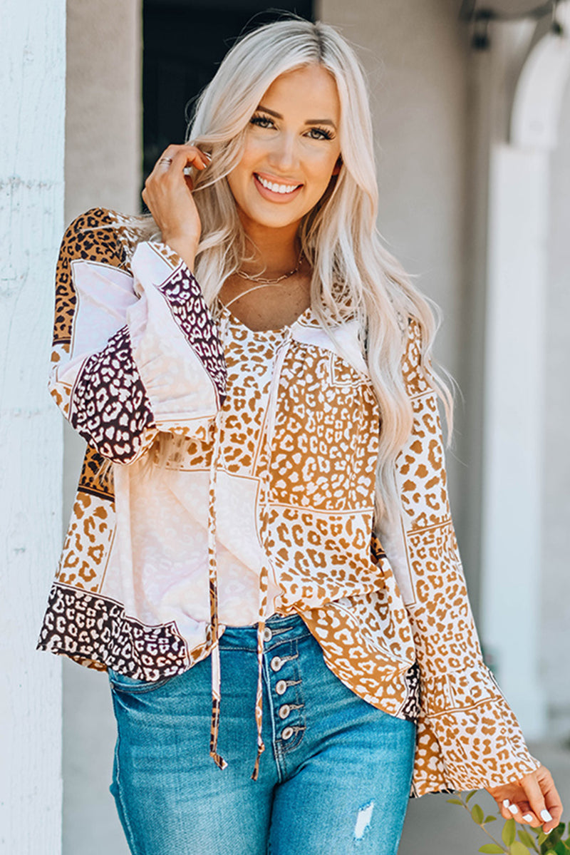 Leopard Patchwork Tied Flare Sleeve Blouse – Third & Monroe